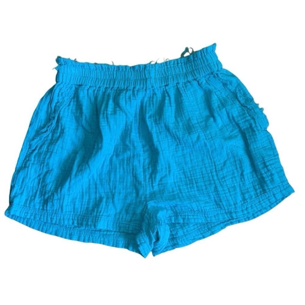 NWT GOA by Japna Women's Blue Waffle 100% Cotton Gauze Raw Hem Shorts Size Large